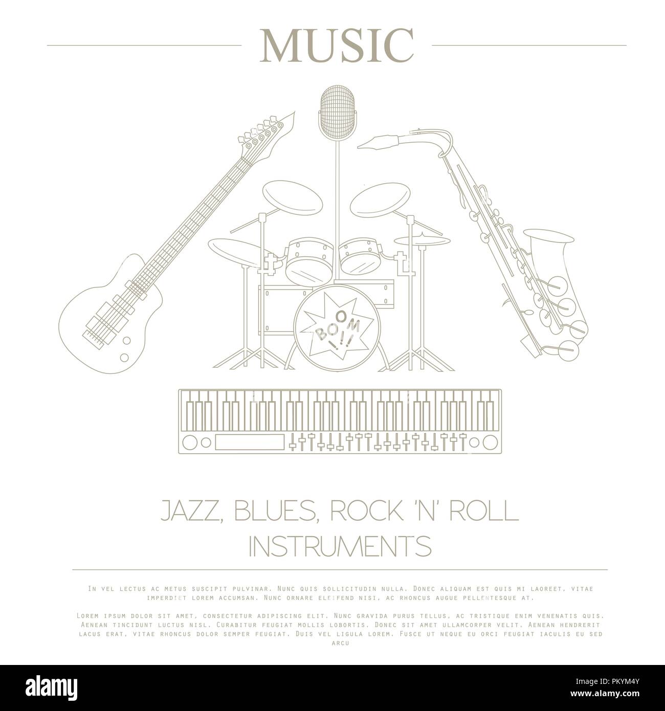 Musical instruments graphic template.Jazz, blues, rock`n`roll band. Vector illustration Stock Vector